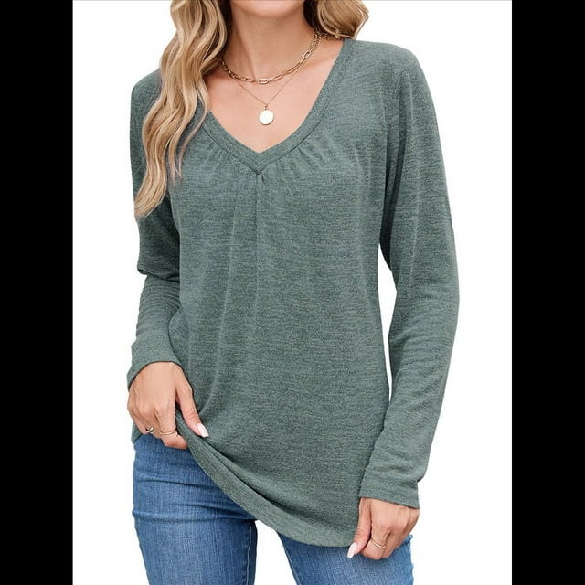 Camisetas de Larga para Mujer, Cuello en V, Suaves, Básicas, Holgadas, Informales, Moda de Otoño. Verde XL