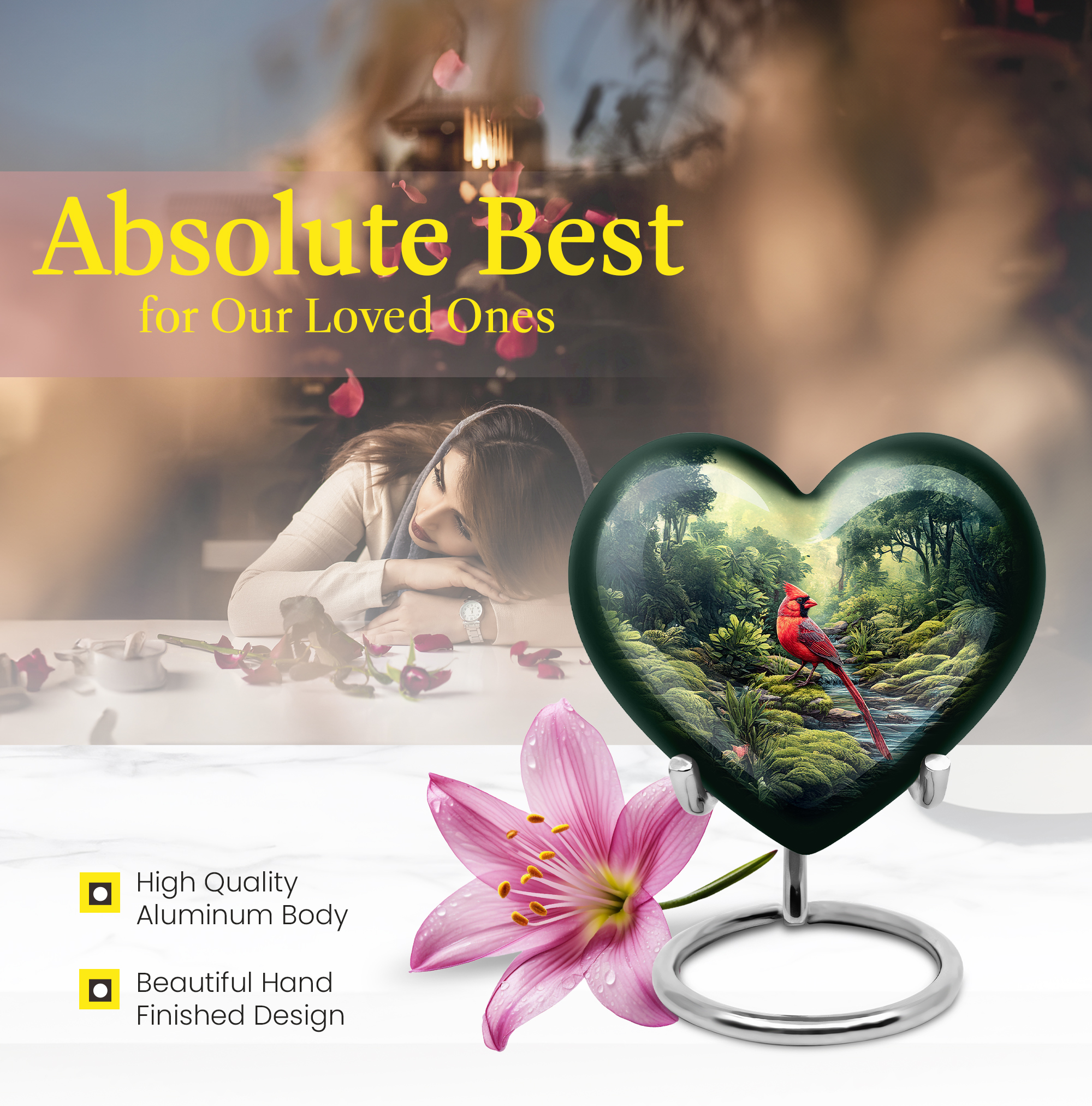 MUKTIVE Red Cardinal Urns for Human Ashes Adult Man & Women - Bird Cremation Urns for Human Ashes - Green Funeral Urn for Burial - Large Heart Urn for Mom & Dad - 8 Inch