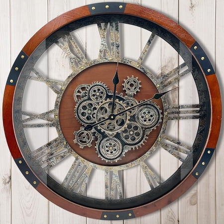 DORBOKER 27 Original Moving Gears Wall Clock, Large Industrial Wall Clock for Living Room Decor, Retro Metal Solid Wood Vintage Farmhouse Steampunk Rustic Clocks for Wall Decor,Black Walnut