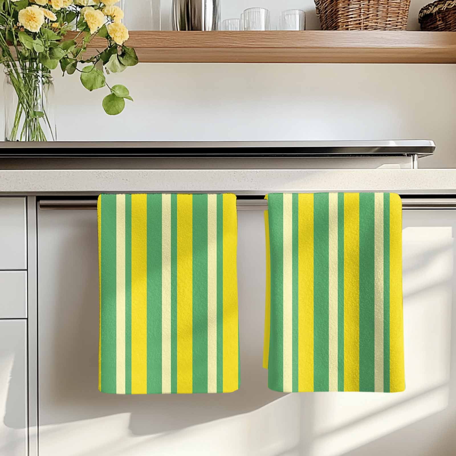 Dish Towels, Lemon Yellow Green Stripes Absorbent Kitchen Towels 2 PCS, Vertical Striped Microfiber Hand Towels Dish Cloths Tea Towels for Home&nbsp;Bathroom Cleaning Drying,18X28-Inch,