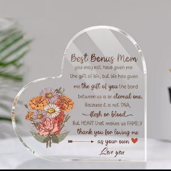 Plaque Best Bonus Mom Heart Acrylic Plaque, Mother's Day Gift For Mom, Mom & Daughter Best Gift For Mother Day, Mothers Plaque Grateful Birthday
