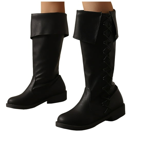 Oyedens Mid Calf Motorcycle Riding Boots for Women Vintage Leather Wide Cowgirl Combat Tall Boots