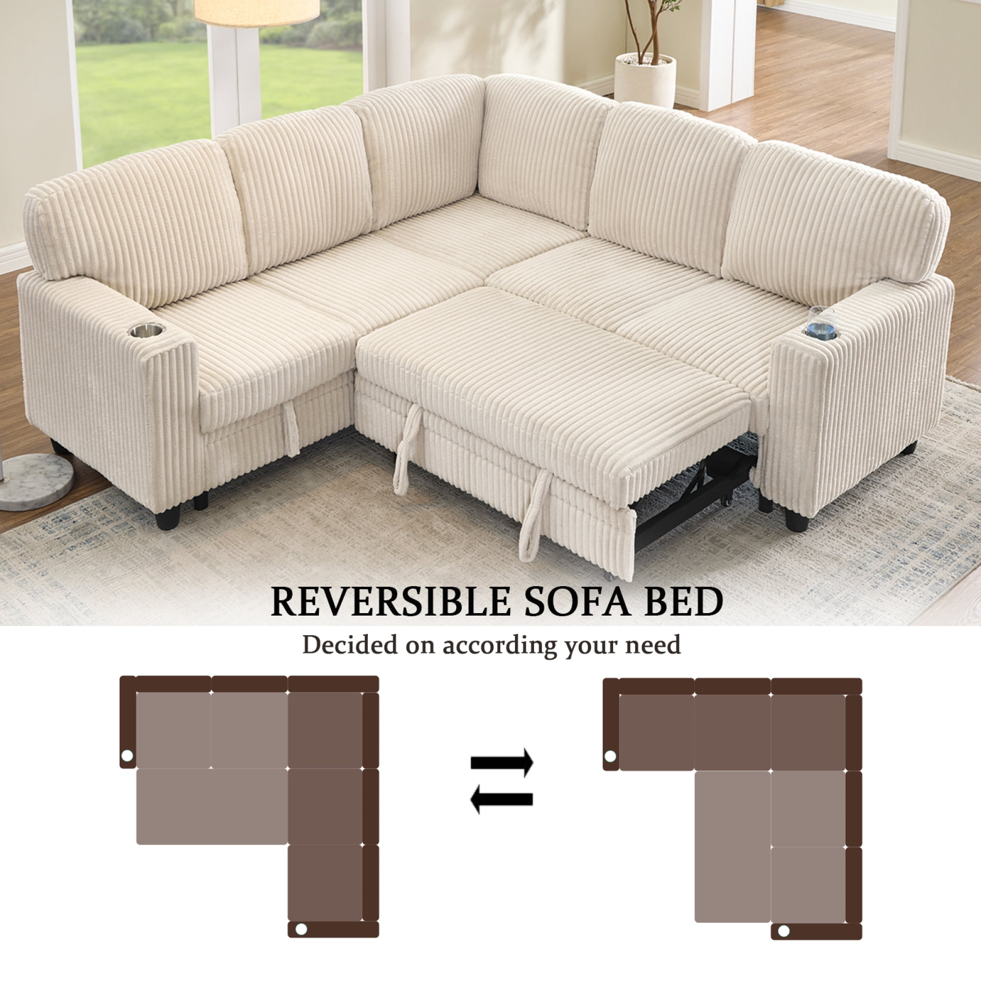 5-Seat L-Shaped Sectional Sofa with Pull-Out Bed, Reversible Chaise with Storage, Sleeper Sofa Couch Bed with USB & Type-C Charging Ports, Chenille Fabric Couch for Living Room, Apartment