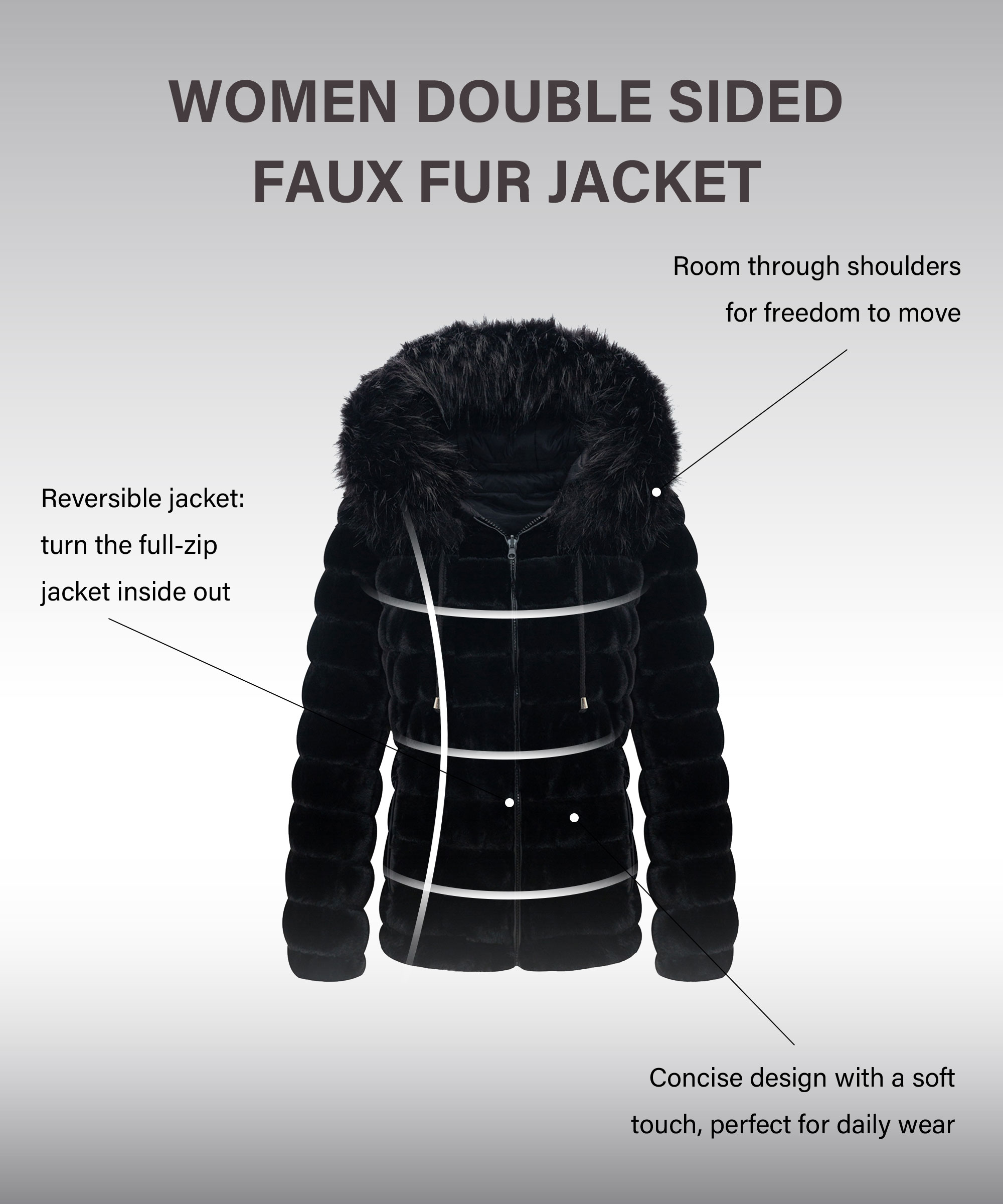 Giolshon Women's Double Sided Puffer Coats Faux Fur Jacket with Fur Collar Fall and Winter - image 3 of 6