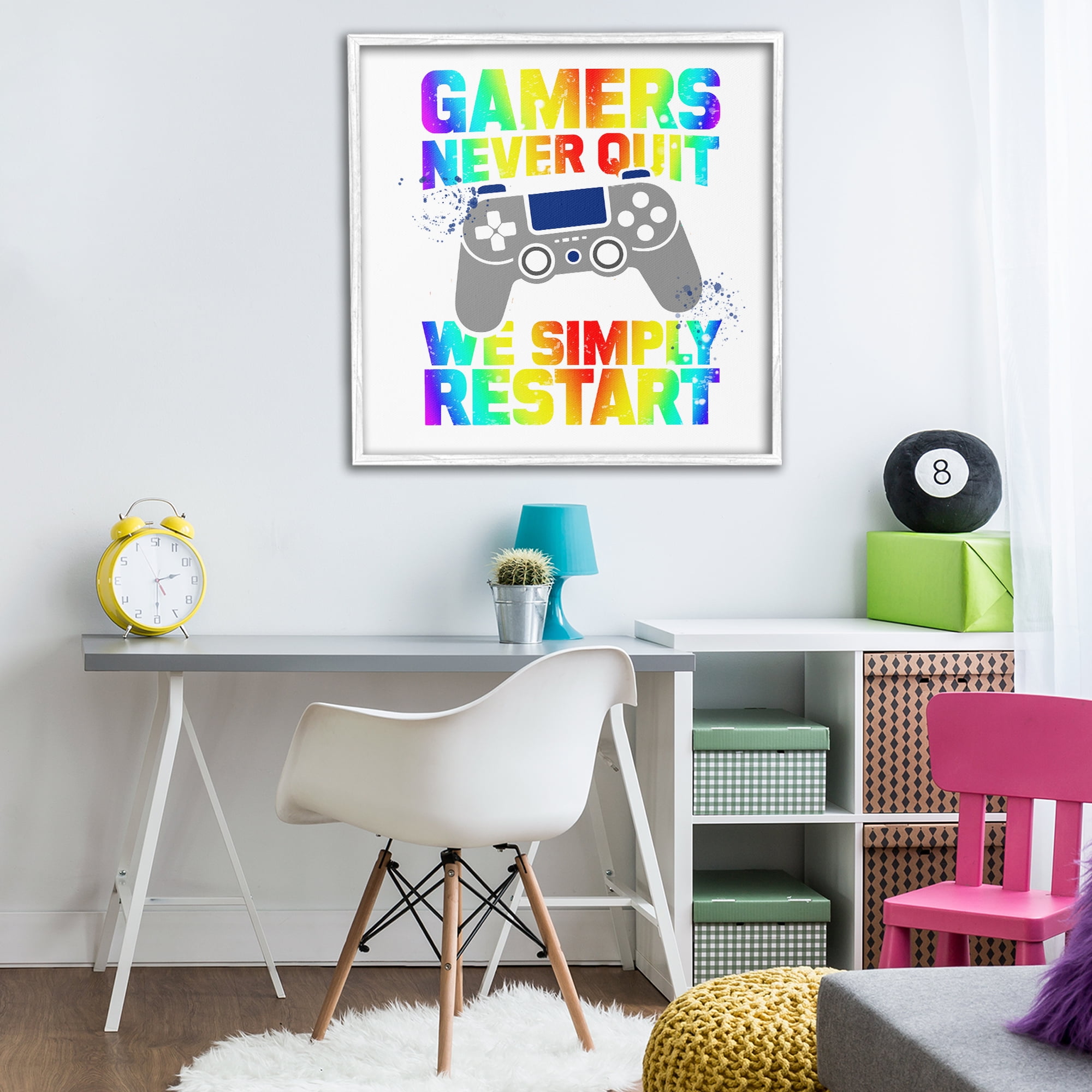 Rainbow Gamers Never Quit White Framed Giclee Art, design by Kim Allen