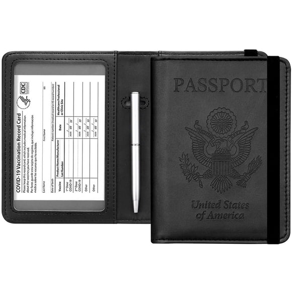 Passport and Vaccine Card Holder Combo - Leather RFID Blocking Wallet with Elastic Strap Travel Cover Case for Passport, with USA CDC Vaccination Card Slot, with Pen, Black