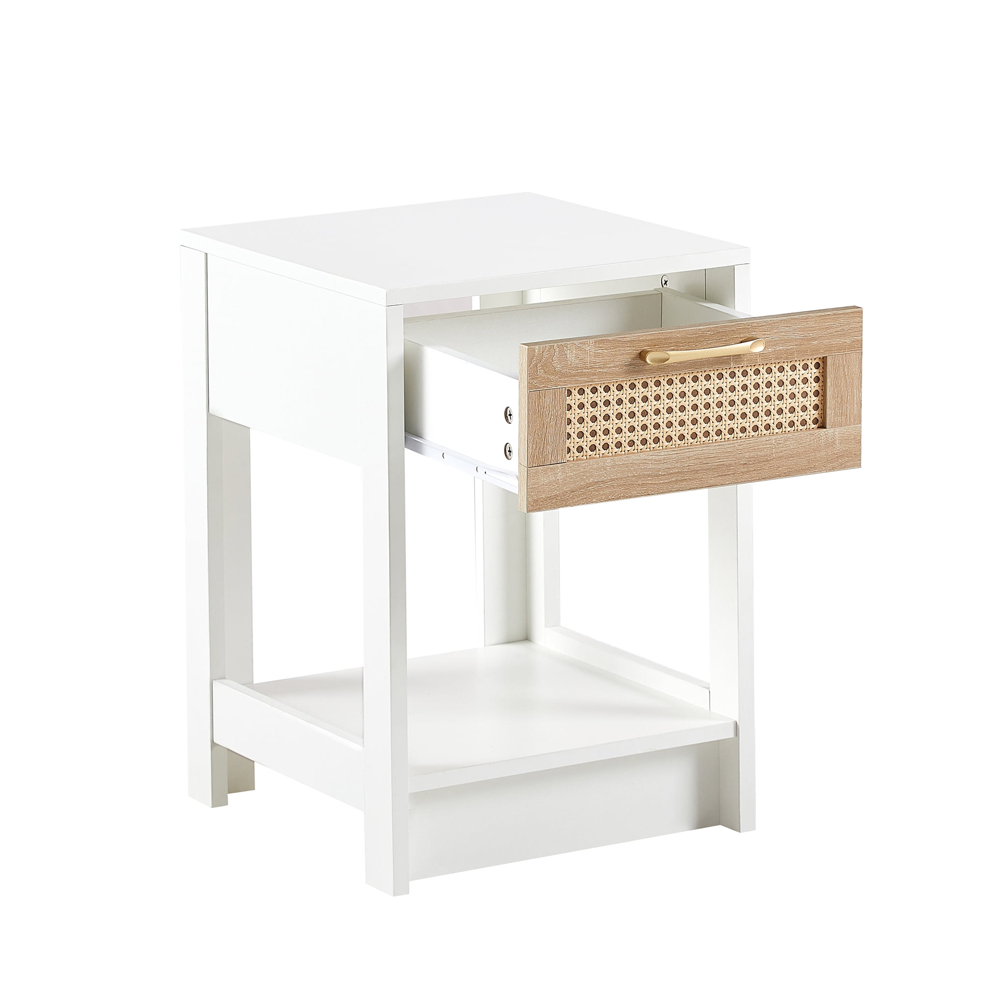 Kepooman 15.75" Rattan Night Table, Bedside Table with Drawer, Modern Farmhouse Nightstand for Living Roon, White