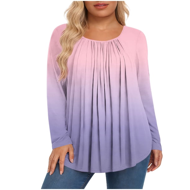 Mujeres de Manga Larga Tops Casual de Moda Gradiente Impresión Cuello Redondo Plegado Tamaño Superior para Uso Diario Y de Fiesta