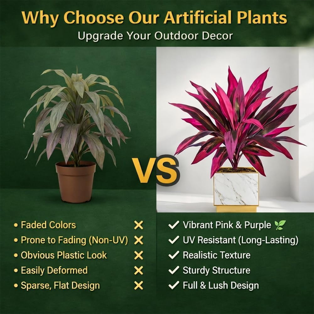 Large Realistic Artificial Boston Fern & Dragon's Blood Tree Artificial Turf UV Resistant Red Cordyline Ti Plants Red/Pink Vibrant Purple Leaves Faux Fake Ferns Shrubs Outdoor Garden Decor