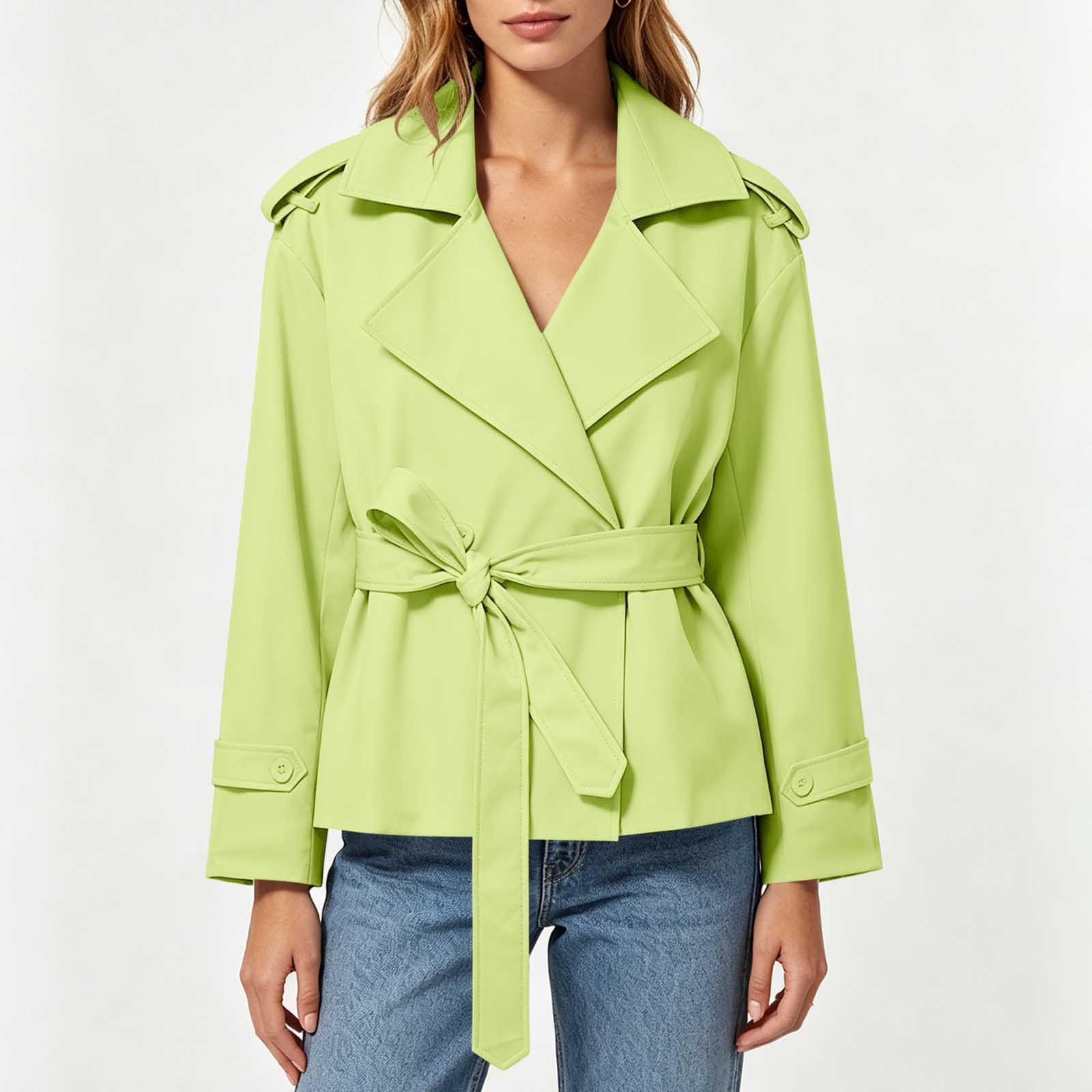 Sexlip Women Short Trench Coat Wide Lapel Self Tie Waist Belt Cuff