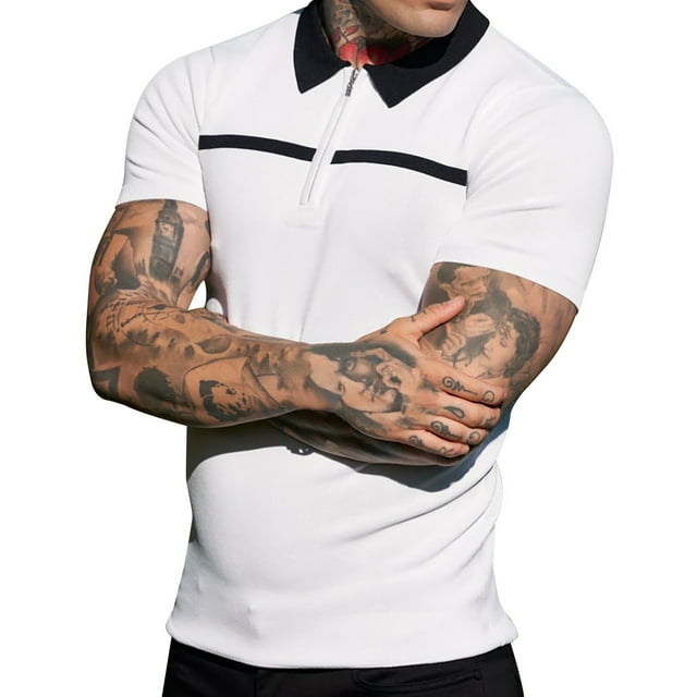 XDZJLR Mens Shirts Muscle Turn Down Color Block Slim Fit Short Sleeve Striped Golfs Zipper Soft Tops