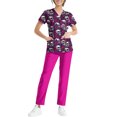 thumbnail image 4 of Womens 2026 New Halloween V-Neck Scrub Set, 2-Piece Short Sleeve Top & Pants Medical Uniform with Multi Pockets, Stylish Workwear for Nurses & Caregivers, 02-Purple Pink, S, 4 of 5