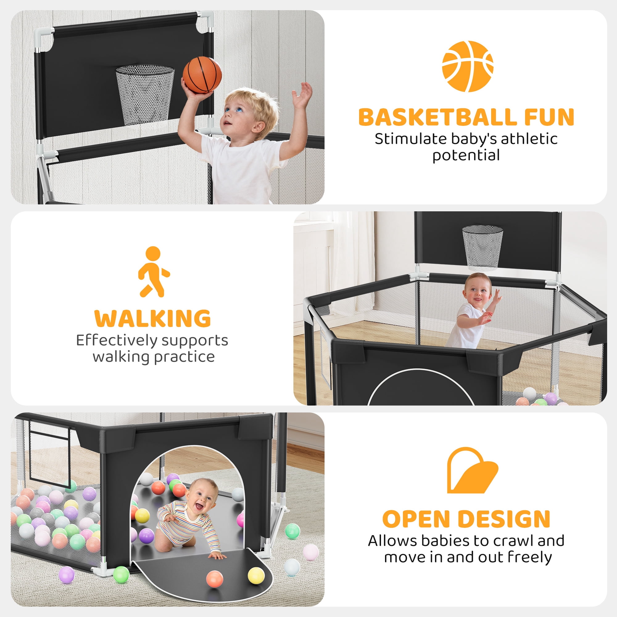 babyeap Baby Playpen with Basketball Hoop,Playpen for Babies and Toddlers,Hexagonal Fence Baby Play Yards,Black