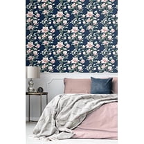 NextWall Magnolia Trail Floral Peel and Stick Wallpaper (Navy & Blush)