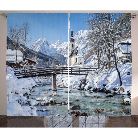 Ambesonne Winter Curtains 2 Panel Set, Scenic View Panorama, 108" x 84", Blue Brown White