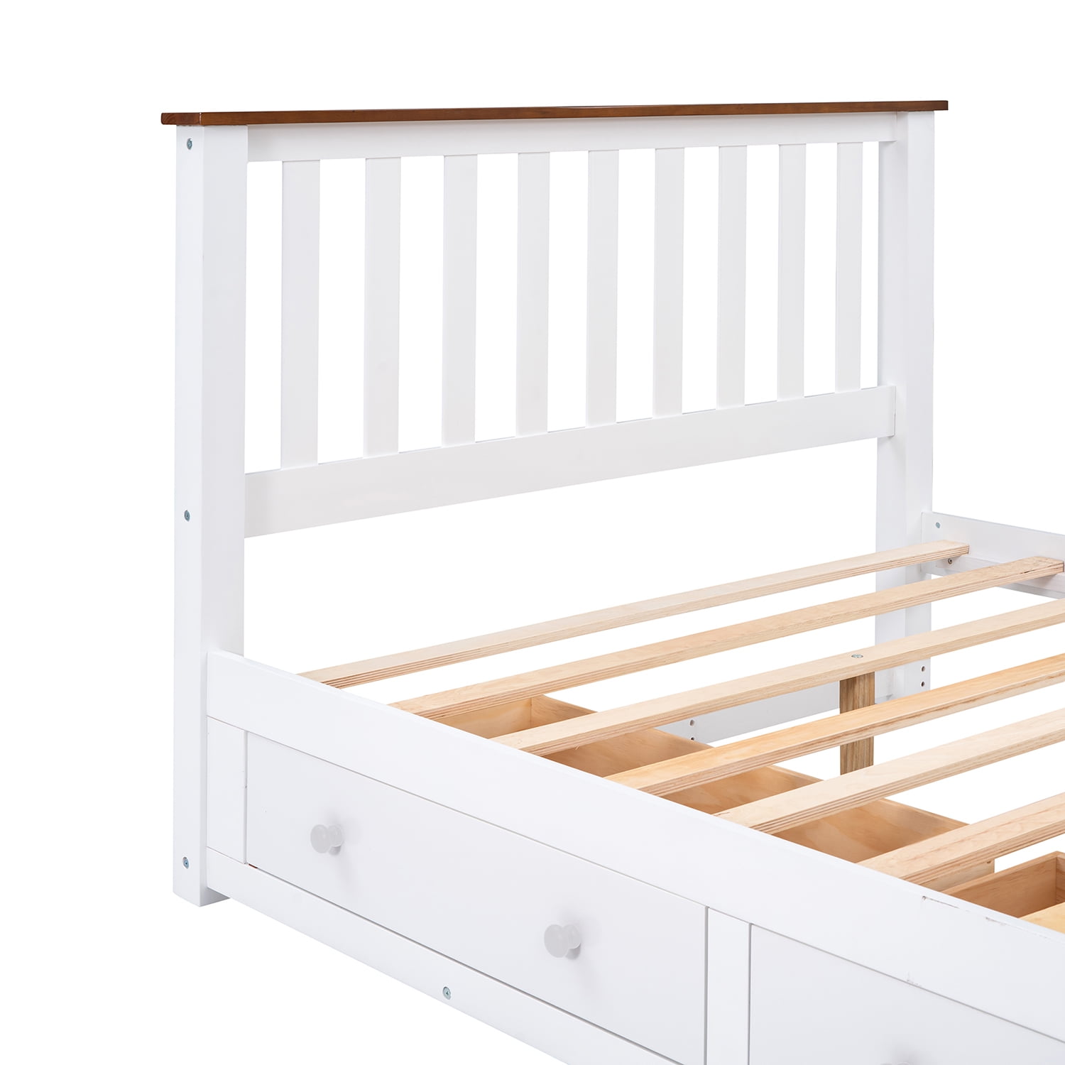 Kepooman Full Size Wood Platform Bed with Two Drawers and Wooden Slat Support, White & Walnut Kepooman Full Size Wood Platform Bed with Two Drawers and Wooden Slat Support, White & Walnut