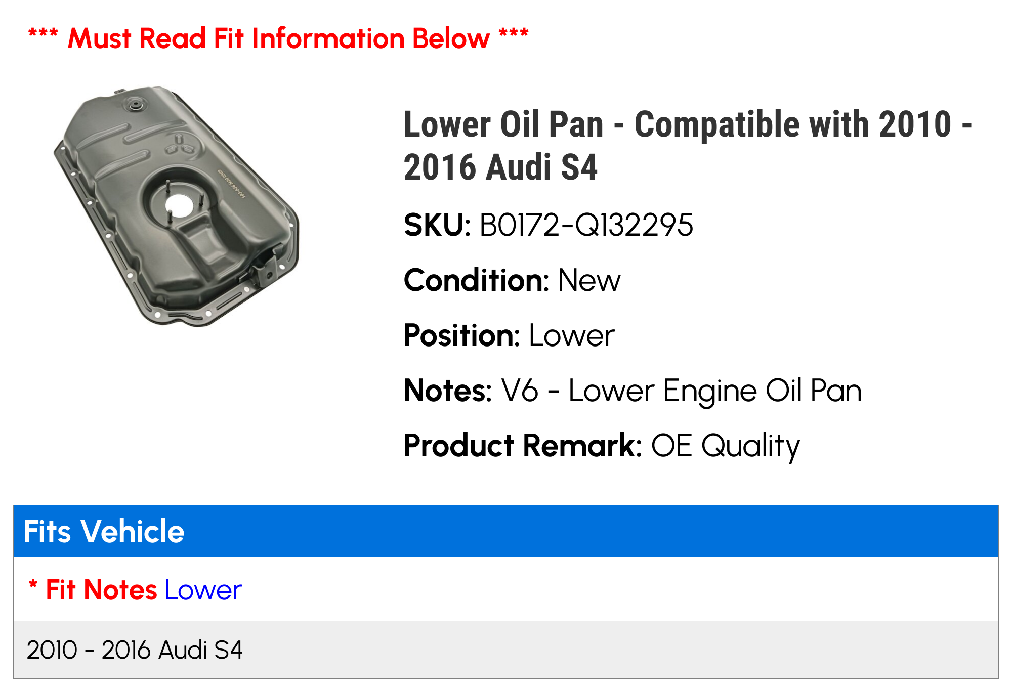 Lower Oil Pan - Compatible with 2010 - 2016 Audi S4 - Replacement