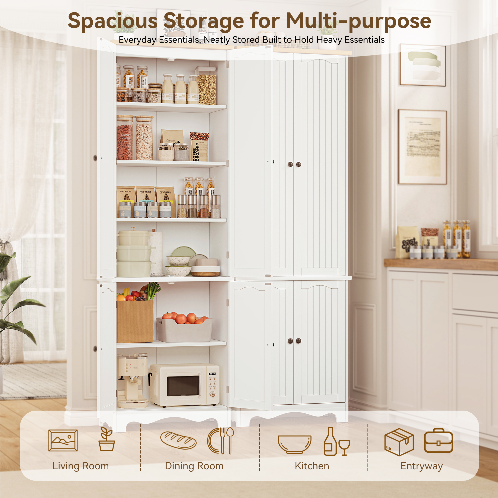 72" Kitchen Pantry Cabinet, Freestanding Storage Cabinets, Tall Food Pantry with Doors and Adjustable Shelves, Tall Storage Cabinets for Kitchen Dining Room Living Room, White