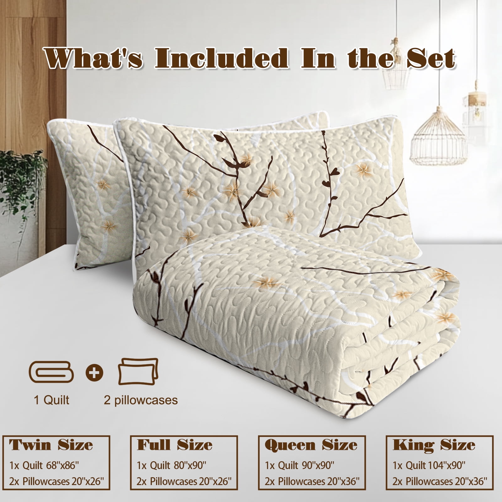 Sleepwish 3 Pieces Quilt Set Queen Size, Colorful Flower Fall Leaves Bedding Set Lightweight Bedspreads Bed Cover