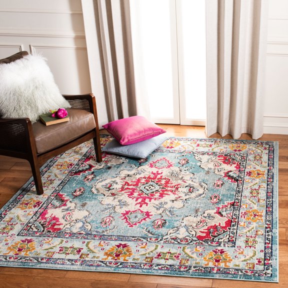 SAFAVIEH Monaco Toria Traditional Area Rug, Light Blue/Fuchsia, 3' X 3' Square - Traditional Design, Light Blue & Fuchsia, Ideal for Living Room, Bedroom, Dining Space