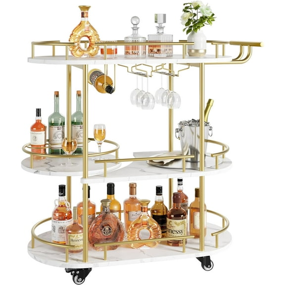 EastVita Gold Bar Cart,3 Tier Rotated Bar Cart with Wine Rack & Glass Holder,Bar Serving Cart with Wheels for Living Room Kitchen Dining Room,Gold
