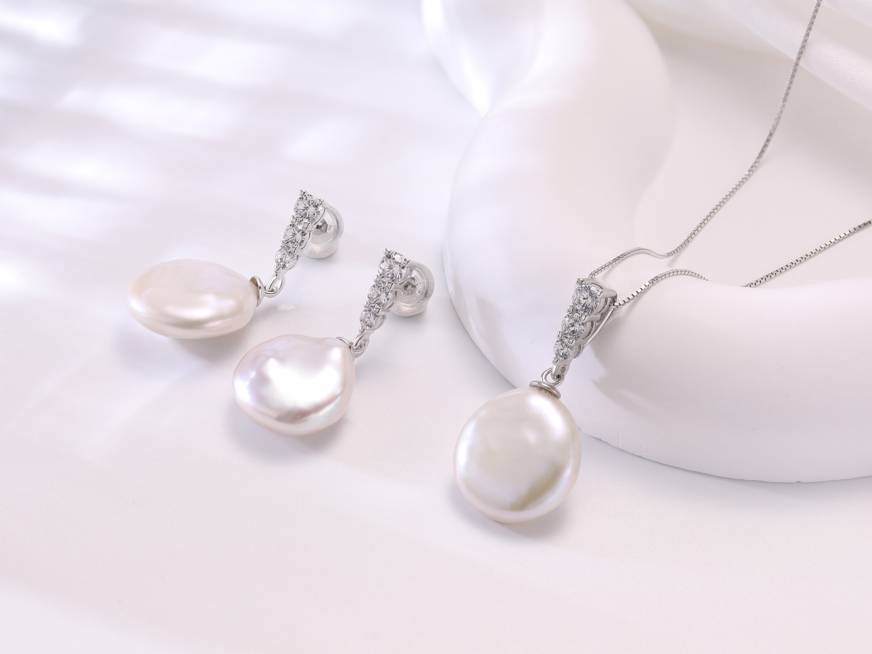 YAMI 9-10mm Cultured Pearl Necklace & Earrings Set 925 Sterling Silver CZ Button Pearl  Jewelry Gift for Women