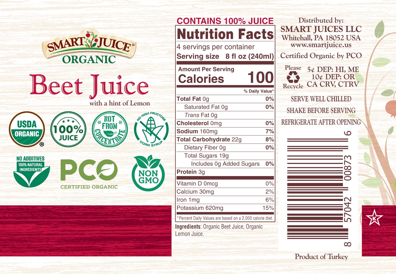 Smart Juice Organic Beet Juice - 33.8 fl oz (1L) - (Pack of 6) 100% Juice Not From Concentrate