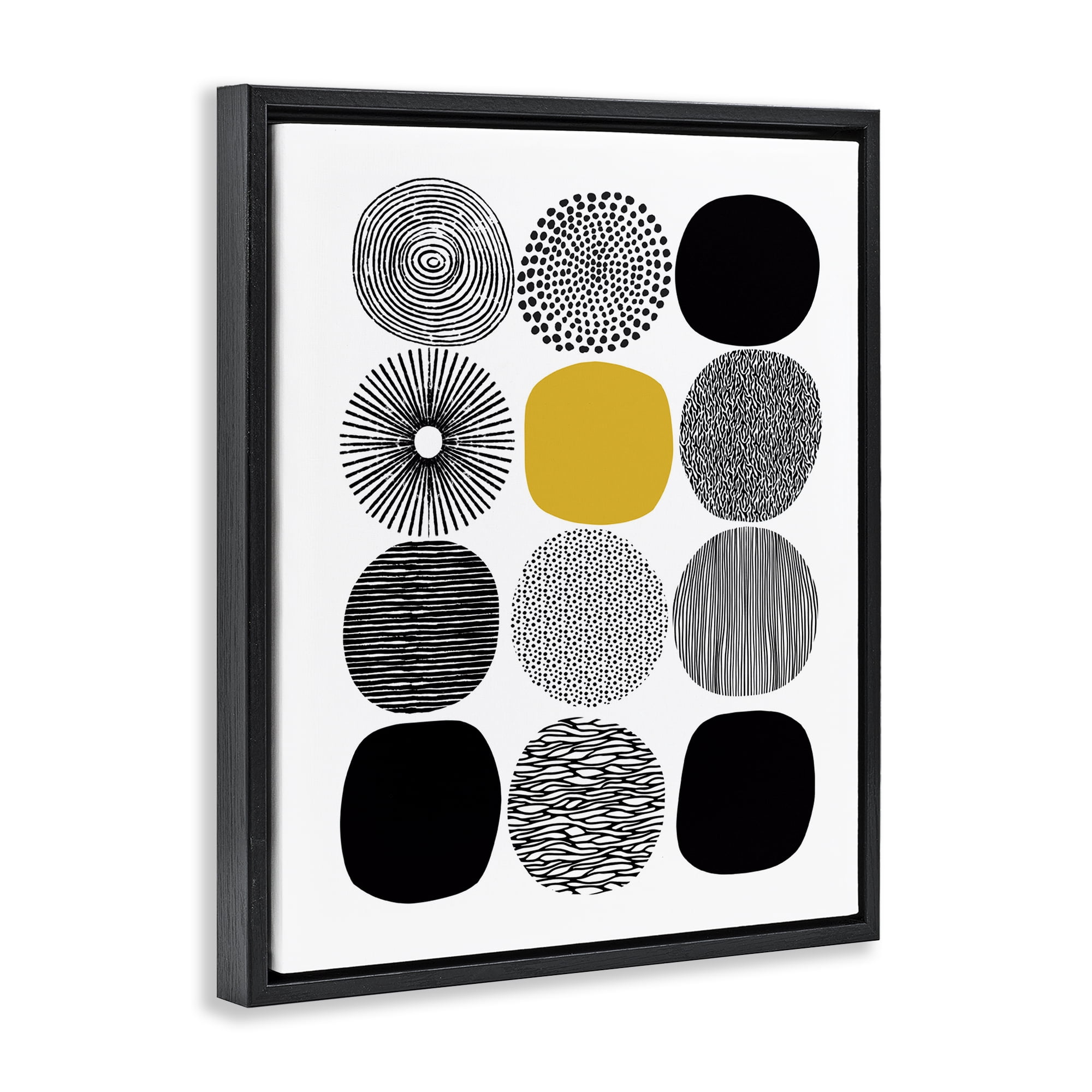 Stupell Industries Patterned Circles Yellow Accent Abstract Painting Black Floater Framed Canvas Art Print Wall Art, 17 x 21
