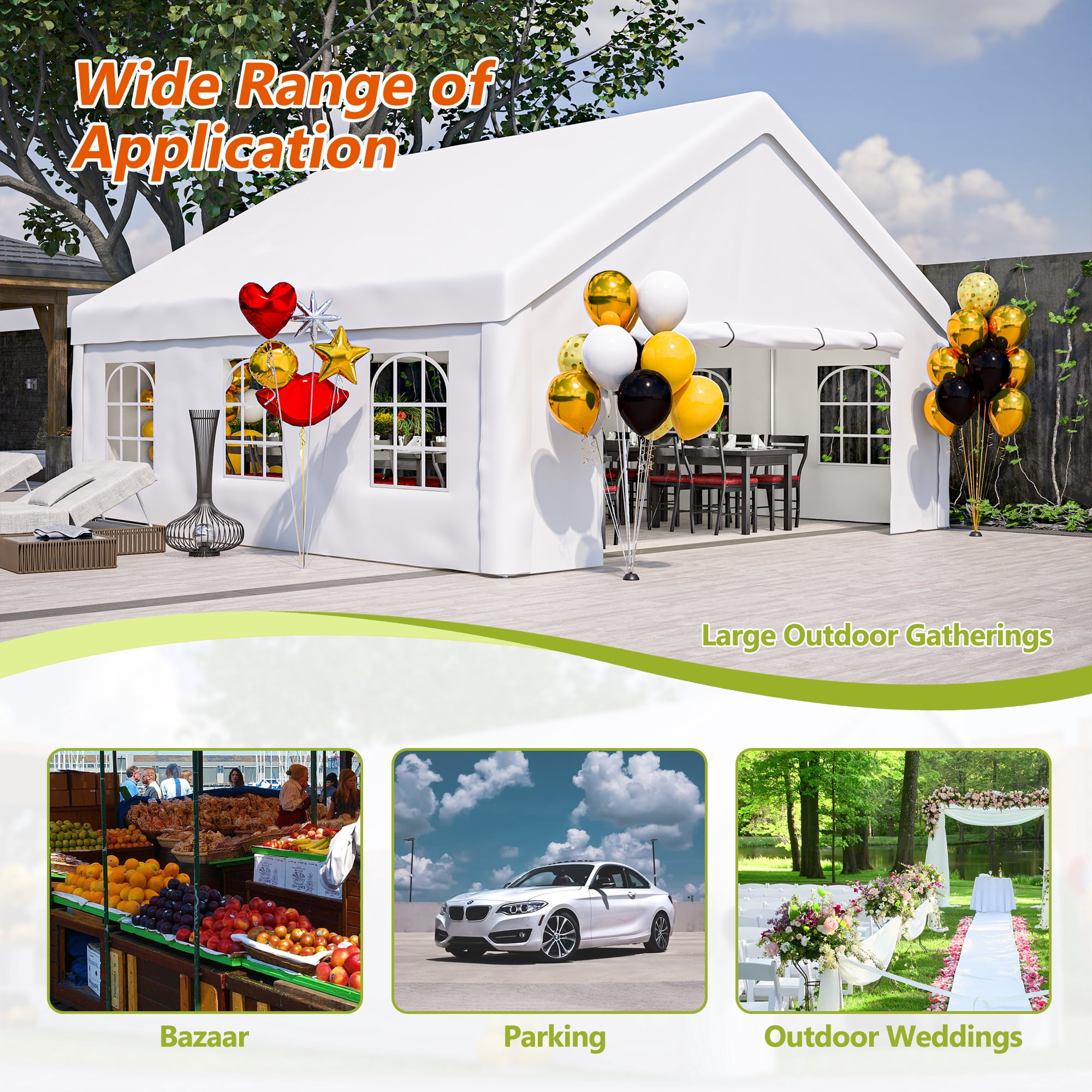 MAYEERTY 20x20FT Party Tent, 2 Storage Bags Removable Sidewalls for Wedding BBQ Camping Carport