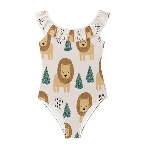 Girls Ruffled One Piece Swimsuit Summer Beach Vacation Swimwear Tank Swimsuit Trees and Lions