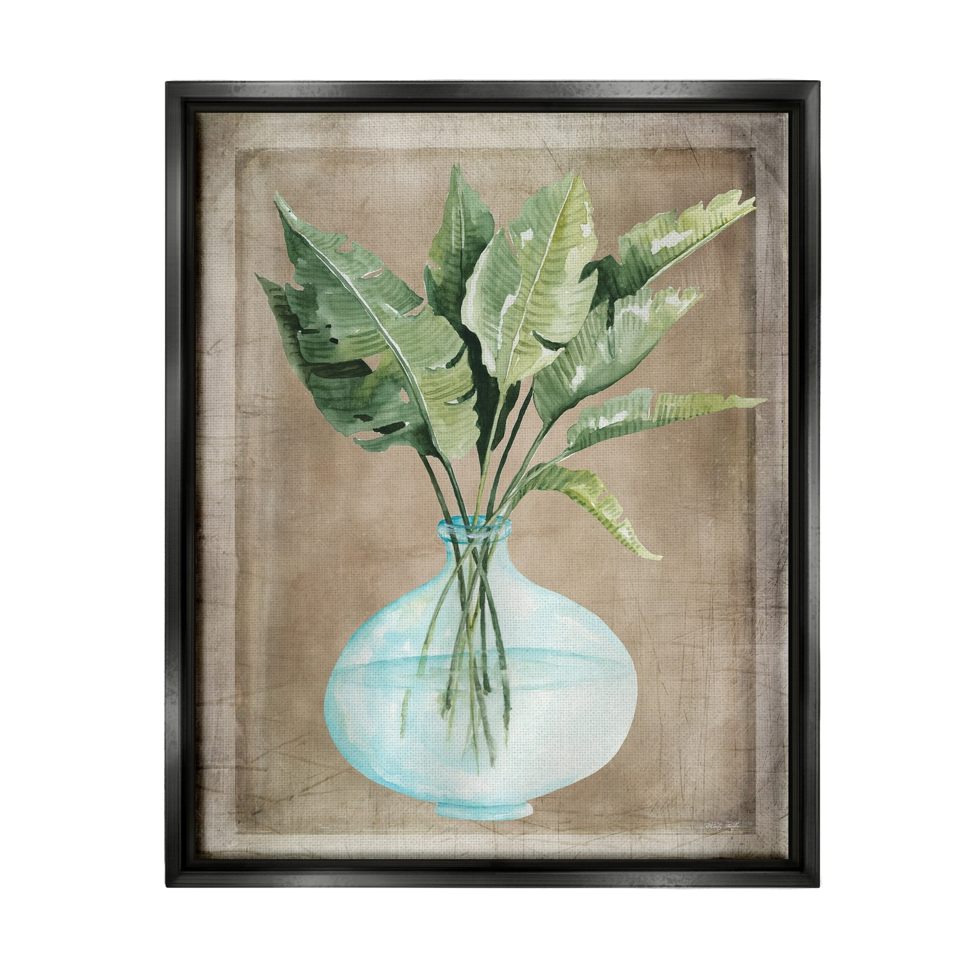 Stupell Industries Green Plant Leaves Glass Vase Rustic Border Painting Luster Gray Floating Framed Canvas Print Wall Art, Design by Cindy Jacobs