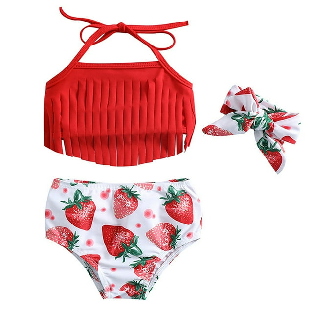 Trajes de baño Laklulu para niñas, bañador para niñas, bañador para niñas pequeñas, bañador para niñas, bañador de bikini de 2 piezas con flecos deportivos de playa para niñas, fresas rojas
