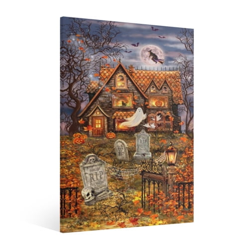 Vintage Halloween Ghost Cemetery Canvas Wall Art Painting, Horror Creepy Dark Poster, Halloween Gothic Artwork Picture Print Decor, Spooky Ghost Wall Decor for Bar Living Room Bedroom Party Framed