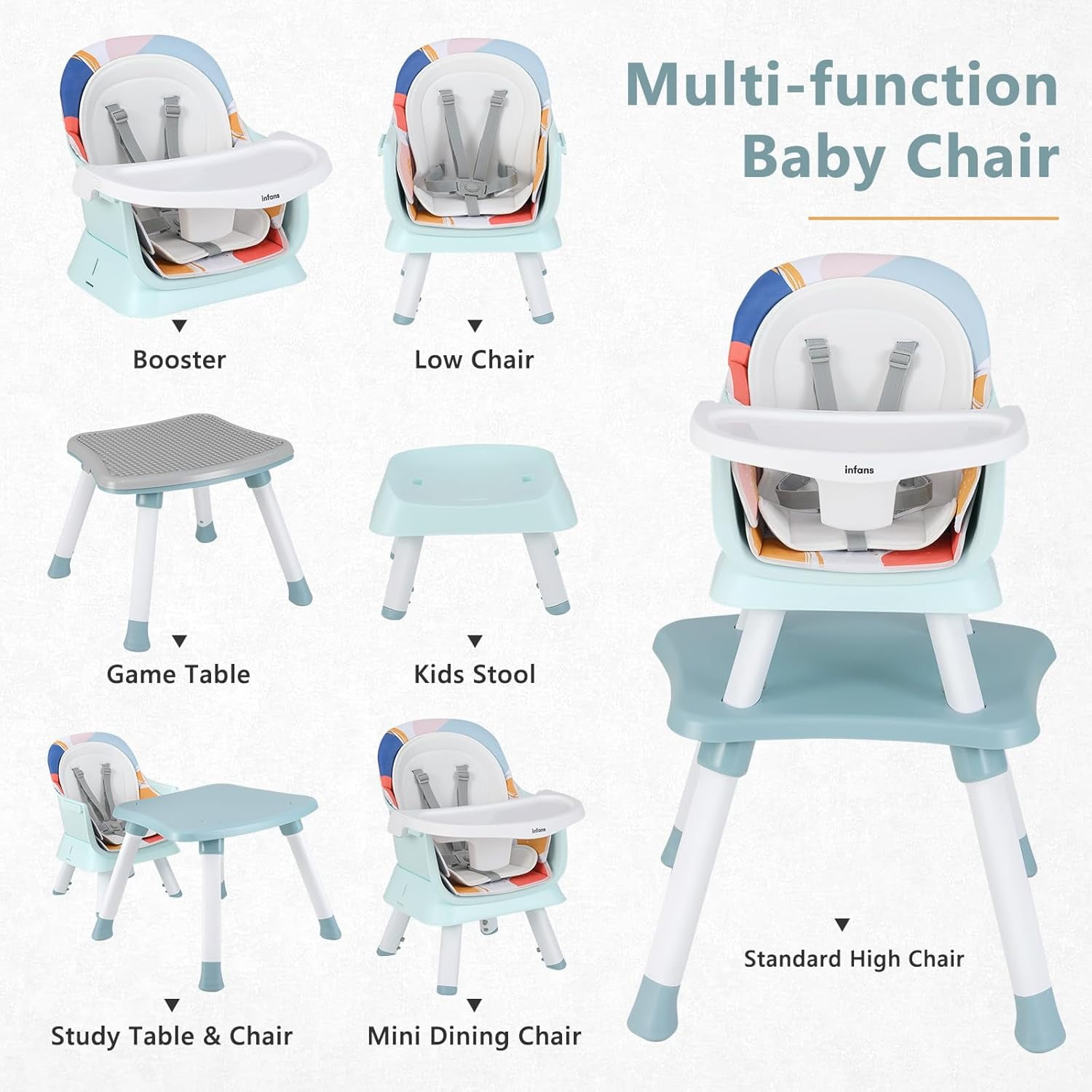 INFANS 8 in 1 Baby High Chair, Convertible Highchair for Babies and Toddlers, Infant Dining Booster Seat, Building Block Table, Kids Stool Table Chair Set with Removable Tray