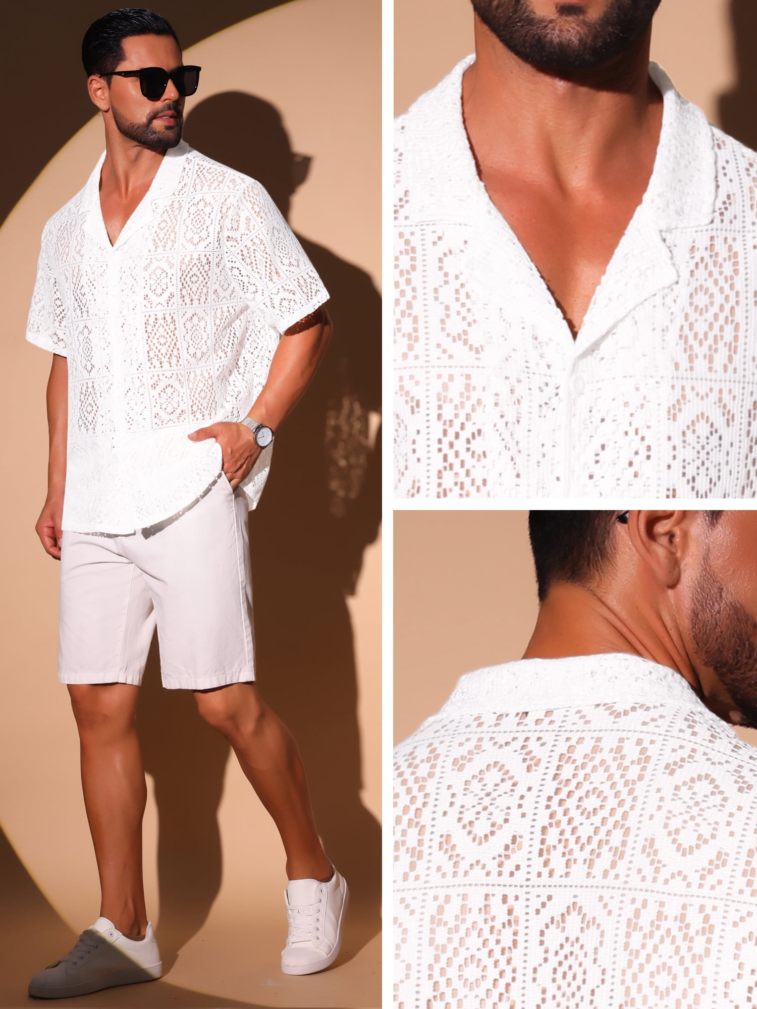 DARING DIVA Men's Hollow Lace Button Down Short Sleeve See Through Mesh Shirts S White