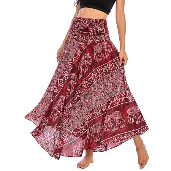 SWSMCLT Women's Long Skirts Tie Front Skirt Bohemian Summer Dress Gypsy Indian Maxi High Waist Flowy Hippie Boho Elephant Printed Dresses Elastic Waist Red XS-L
