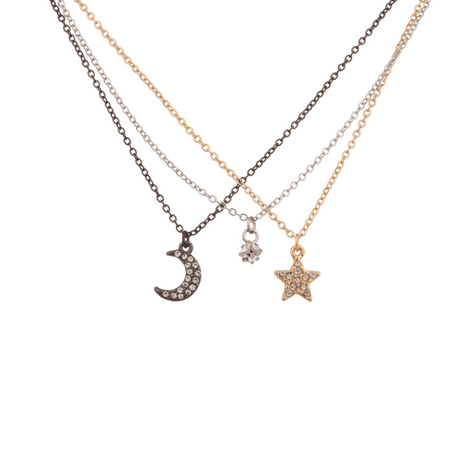 Lux Accessories Pave Crystal Galaxy Tri Color Crescent Moon Star BFF Best Friends Forever Necklace Set (3 (Names For 4 Best Friends)