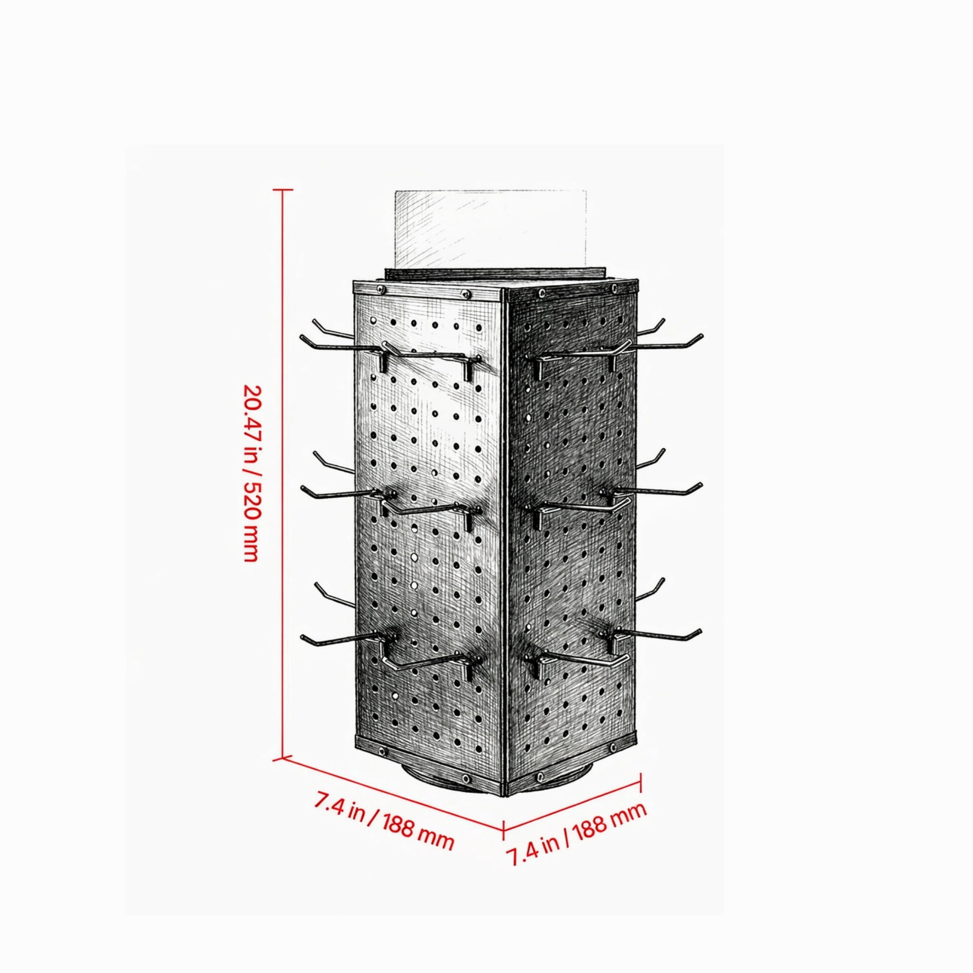 Rotating Pegboard Display Stand, 4-Sided Spinning Retail Organizer with 24 Hooks for Grocery & Jewelry Shop, 7.4 x 7.4 x 17 in