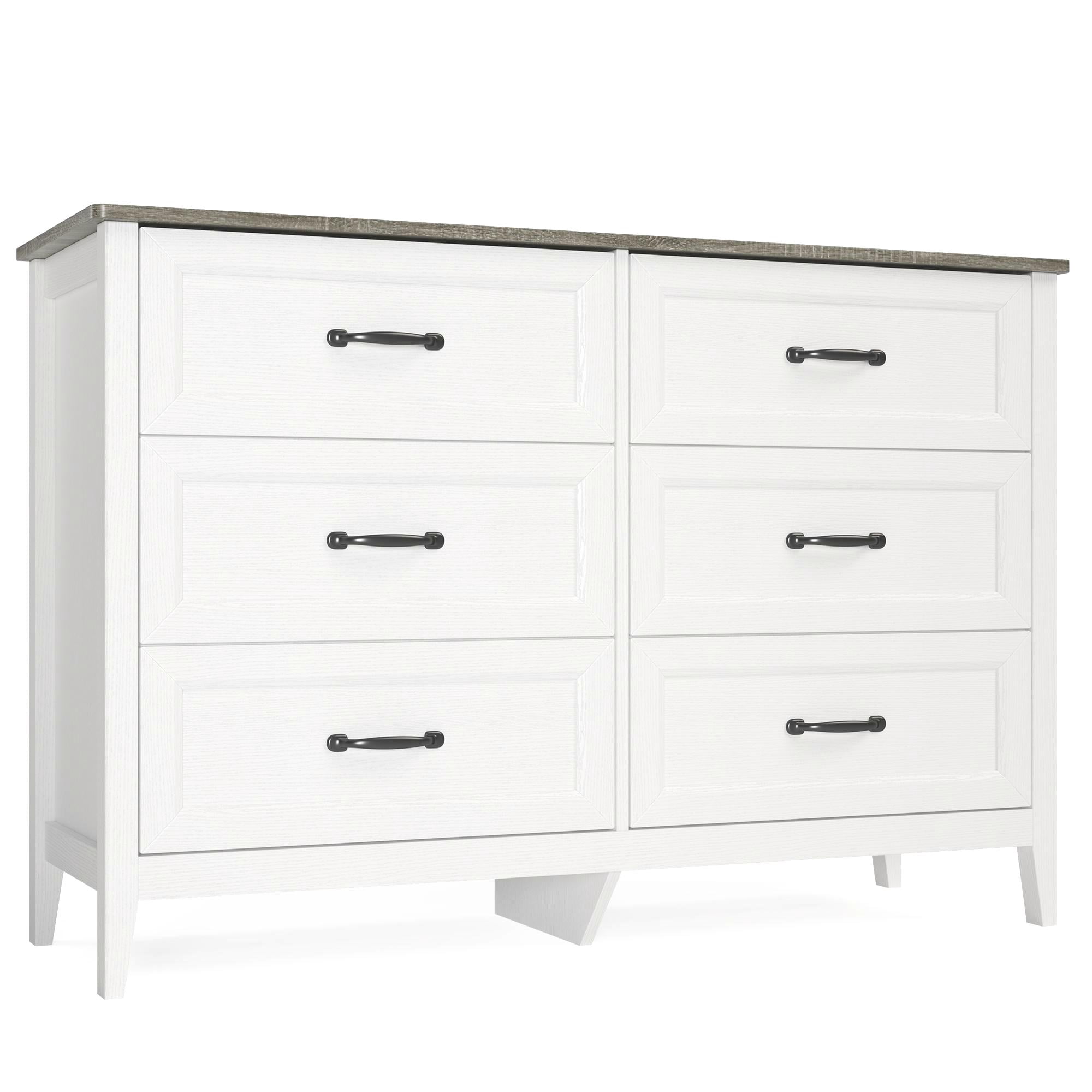 Lofka White Wooden 6 Drawer Dresser for Bedroom, Wide Storage Organizer Cabinet for Closet Living Room