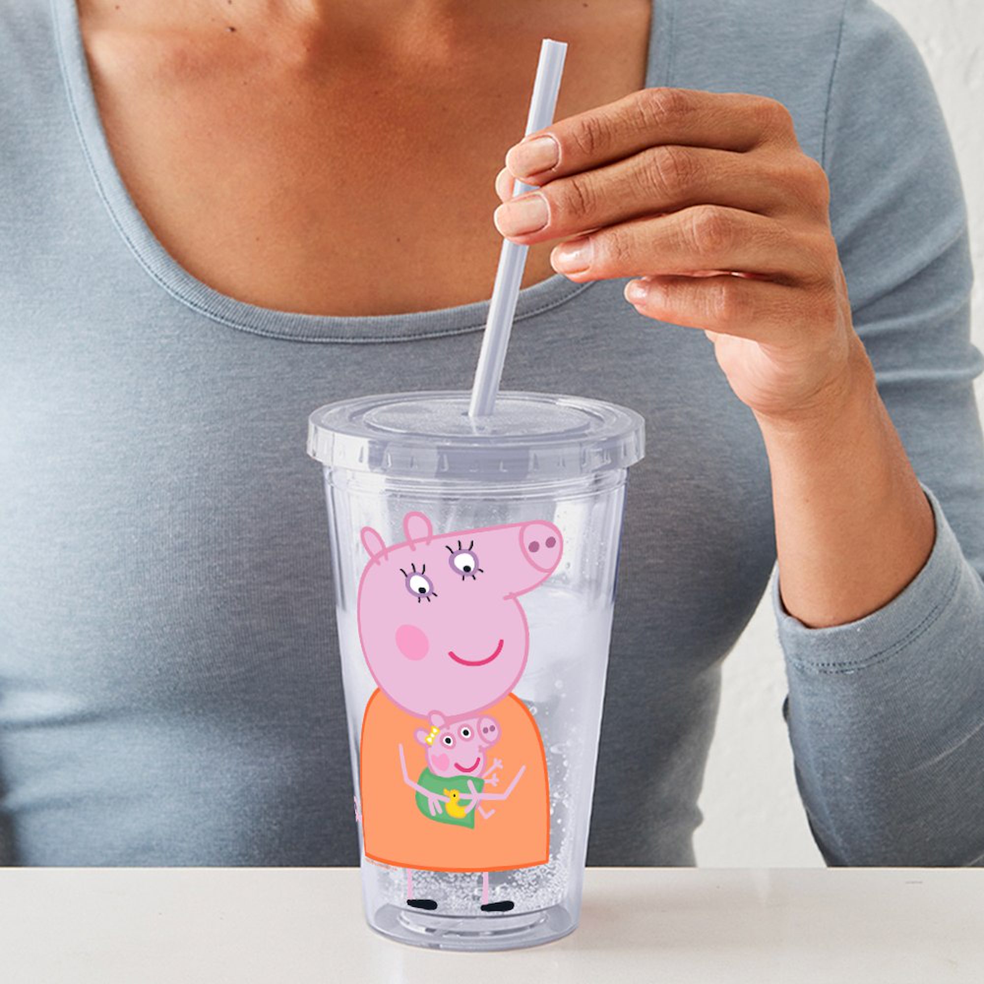 CafePress - Peppa Pig: Holding Baby - 16 Ounce Classic Clear Insulated Double Wall Tumbler Cup with Lid Straw , Reusable
