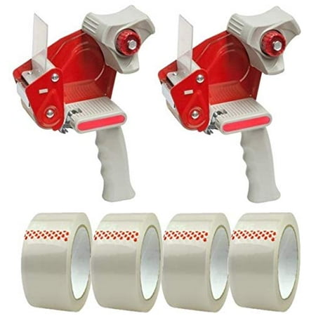 BENCHMARK - Packing Tape Dispenser Gun (2 Pack) - Plus 4 Free Rolls of Packaging Tape - Side Loading 2 Inch Lightweight Ergonomic Industrial Gun for Shipping, Moving, Carton and Box Sealing
