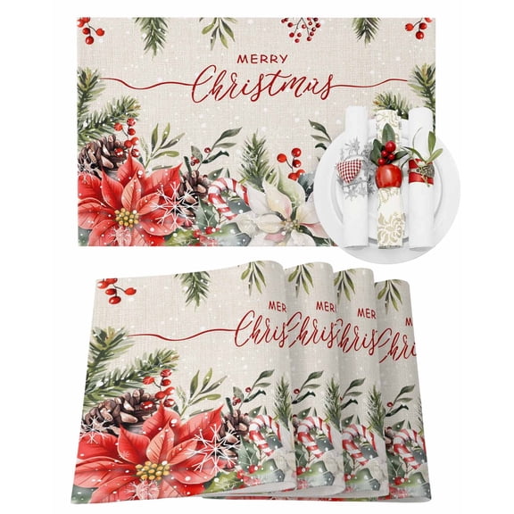 Merry Christmas Placemats Set of 2 Red White Flowers Green Leaf Vintage Linen Heat Insulation Washable Place Mats, Rustic Non-Slip Table Mats for Dining Table Party Kitchen Decor,13x19 Inch