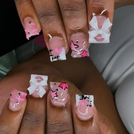24x French Tip Full Covers False Nails Bows Press On Nails Short Square On Nails Star Acrylic Nails for Party