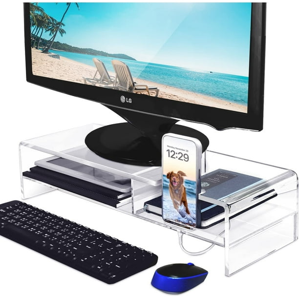 Acrylic monitor stand with clearance storage