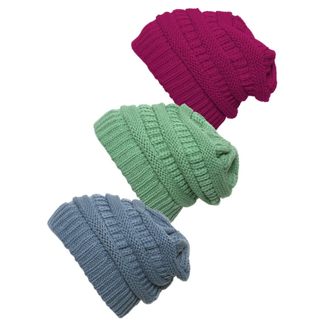 Bonnet Tricoté pour Femmes Lot de 3 - Sauge/rose Vif/denim