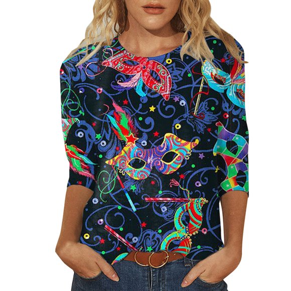 Women Carnival Shirt Three Quarter Sleeve Graphic Shirt Carnival Themed T Shirt Party Top Women'S T-Shirts Dark Blue Xl