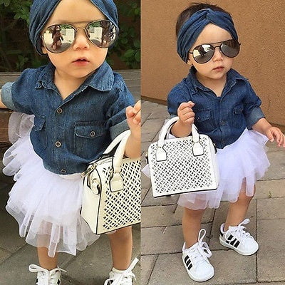 Toddler Kids Baby Girls Denim Tops T shirt+Tutu Skirts Dress 3pcs