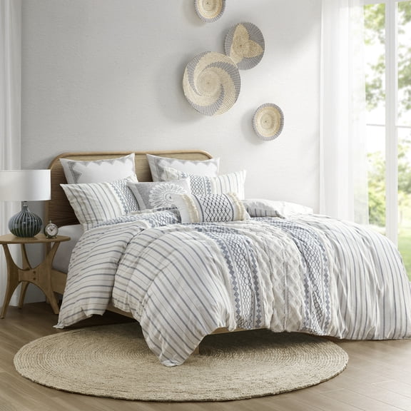King/Cal King Cotton Printed Duvet Cover Set with Chenille - Bedding Sets