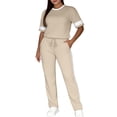 thumbnail image 3 of Women's Casual Side Stripe Drawstring Pants Set with Short Sleeve Shirt, Relaxed Fit Lounge Suit for Travel or Daily Wear, Comfortable Two Piece | CSEONE,Khaki M, 3 of 7