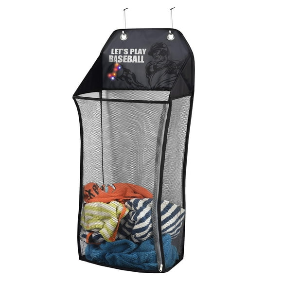 Store & Score Panier à Linge en Maille Pliable avec Lumières LED pour Enfants Suspendu à la Porte Jouet Poitrine Crochets en Métal Robustes Inclus. Brevet en Attente